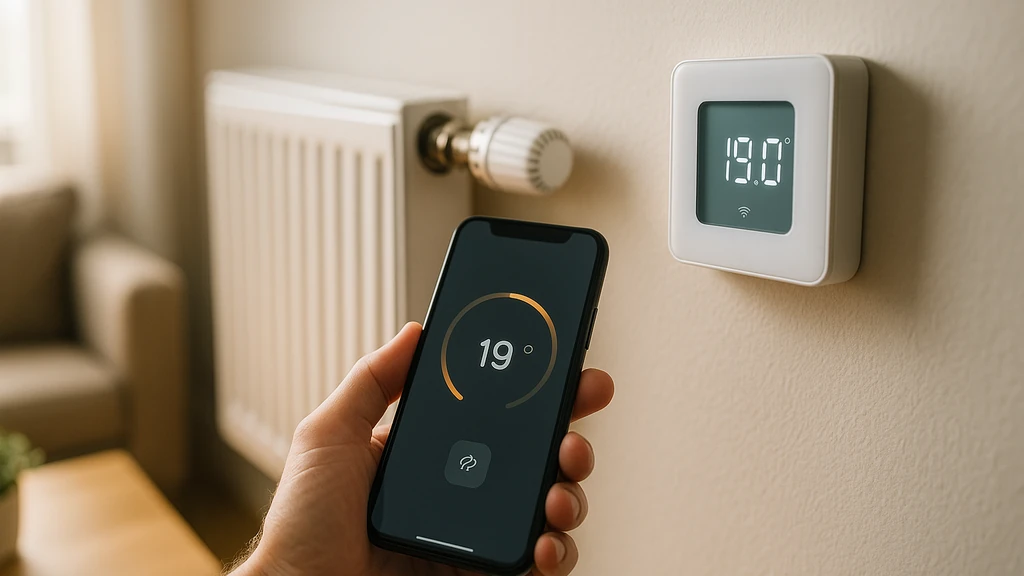 Thermostat pour radiateur : régulation connectée d’un radiateur à eau depuis un smartphone, température à 19 °C dans un salon.