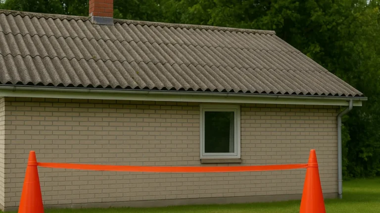 Maison avec toiture en fibro-ciment potentiellement amiantée, zone balisée par cônes de sécurité ; diagnostic RAAT recommandé avant travaux