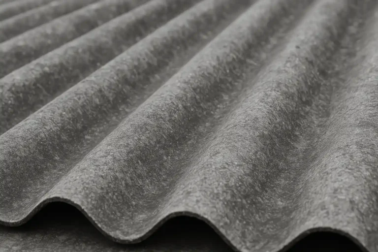 Toiture en fibro-ciment ondulé gris – gros plan des plaques, texture minérale, pose conforme DTU 40.37, visée informative sur entretien/désamiantage