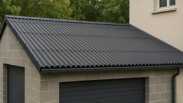 Tôle ondulée en fibre-ciment moderne posée sur un garage, profil ondulé gris foncé, solution de couverture robuste et économique