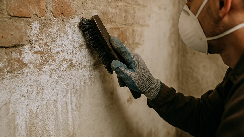 Traitement du salpêtre : brossage des efflorescences salines sur mur intérieur avec gants et masque pour éliminer les dépôts avant application d’un anti-salpêtre