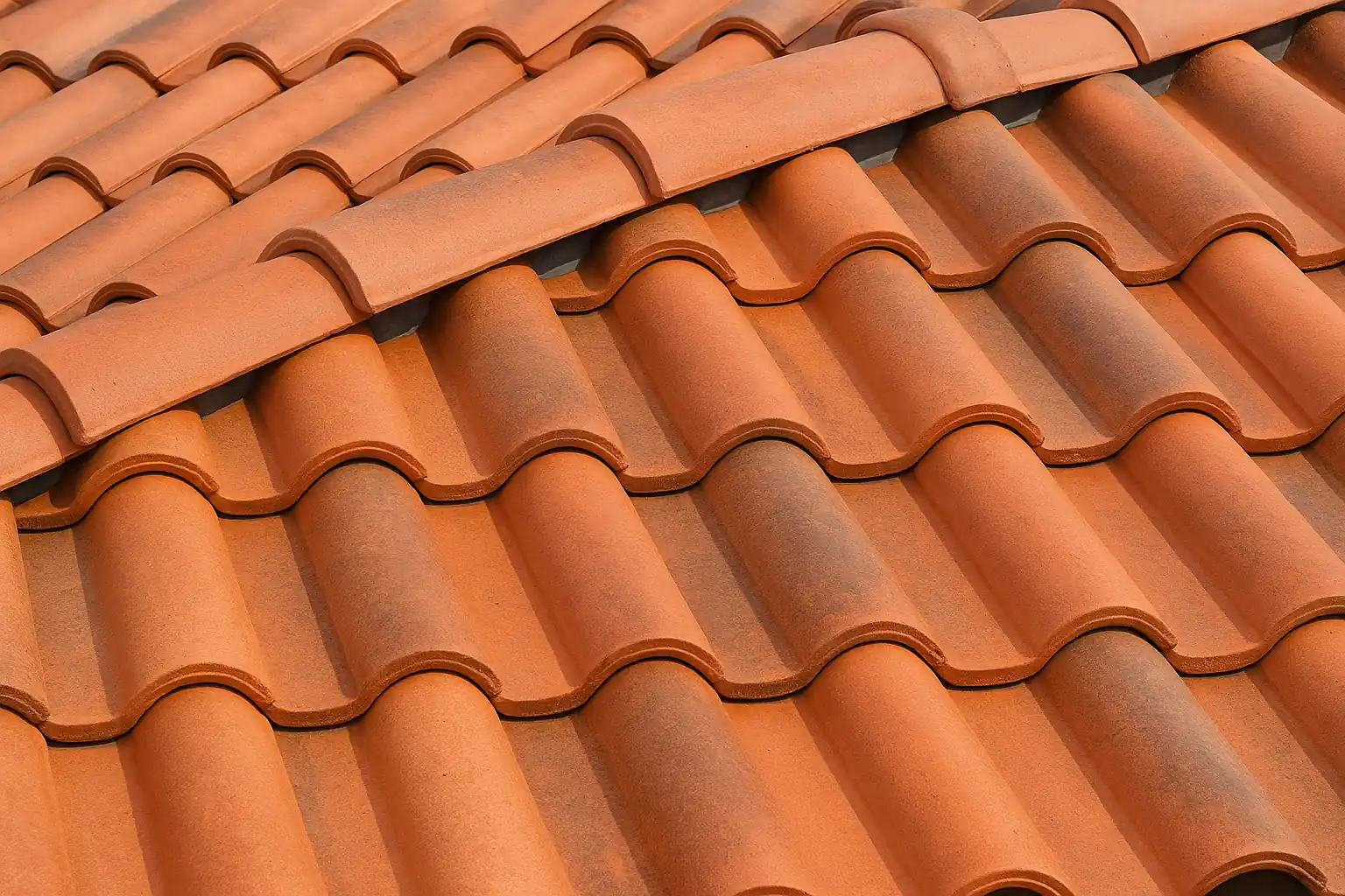 Tuile Oméga 10 Edilians sur toiture – gros plan du galbe type canal, pose à emboîtement, rendu terre cuite rouge nuancé