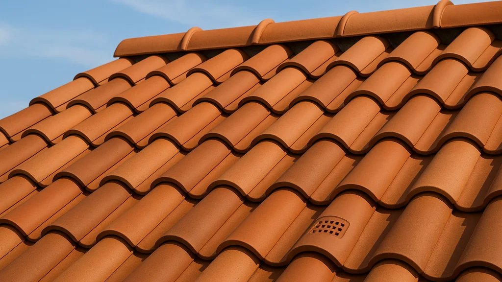 Tuile romane : choisir vite le bon profil, la bonne pente et le bon budget 1 Toiture en tuiles romanes double galbe avec faîtière ventilée et chatière — exemple de couverture en tuile romane