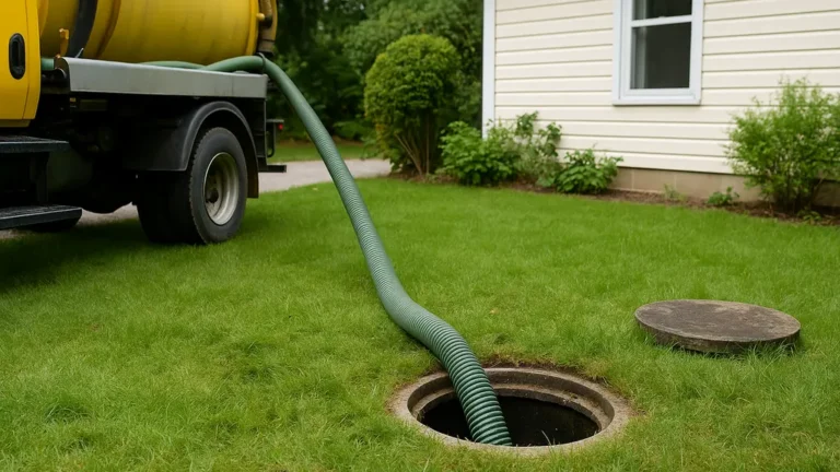 Camion de vidange raccordé à une fosse septique de maison par un tuyau vert — intervention standard avec accès dégagé au couvercle