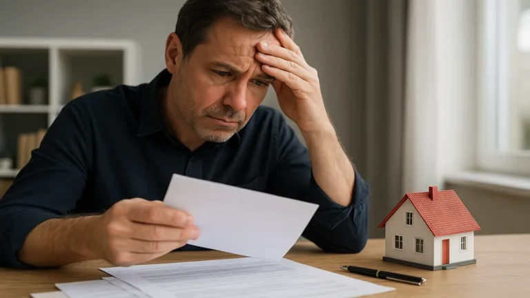Se défendre contre une accusation de vice caché maison 10 Propriétaire lisant une lettre recommandée à propos d’une accusation de vice caché sur sa maison, assis à une table avec maquette de maison et documents juridiques