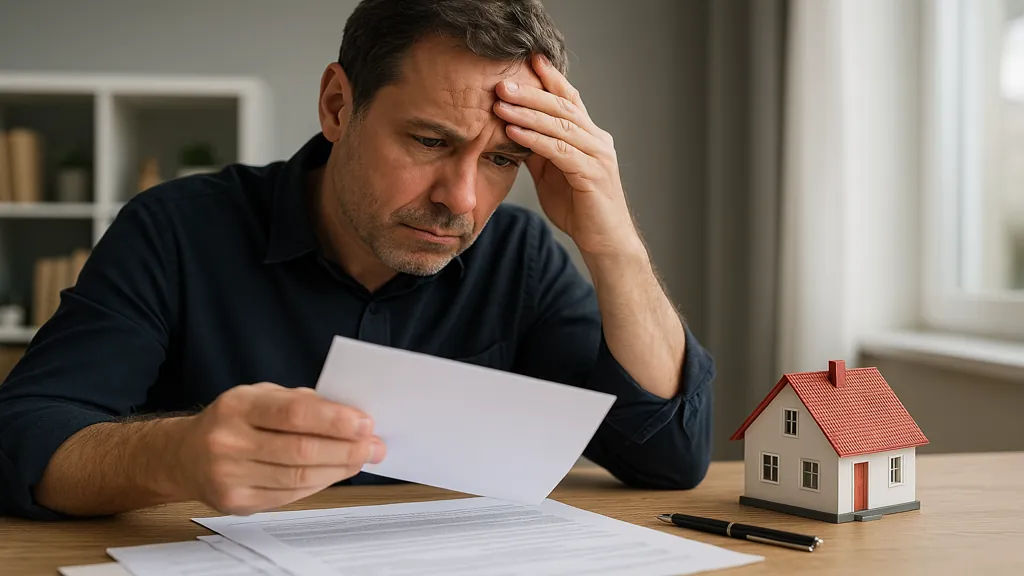 Propriétaire lisant une lettre recommandée à propos d’une accusation de vice caché sur sa maison, assis à une table avec maquette de maison et documents juridiques