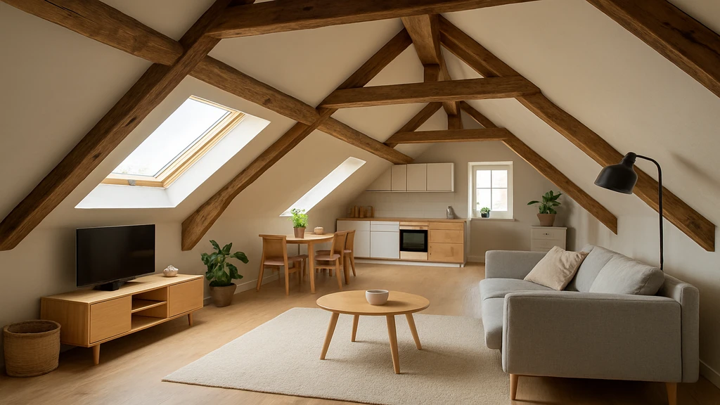 Appartement mansardé : définition, avantages et idées d'aménagement 1 Salon lumineux d’un appartement mansardé avec poutres apparentes et fenêtres de toit, illustrant les caractéristiques d’un logement sous les combles.