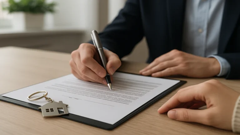 Signature d’un contrat immobilier chez le notaire, illustrant la vente d’un bien financé par un prêt à taux zéro.