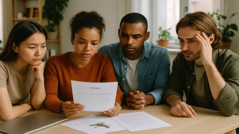 Bail solidaire en colocation : fonctionnement, risques et choix 7 Groupe de jeunes colocataires examinant ensemble un bail solidaire autour d’une table dans un salon lumineux