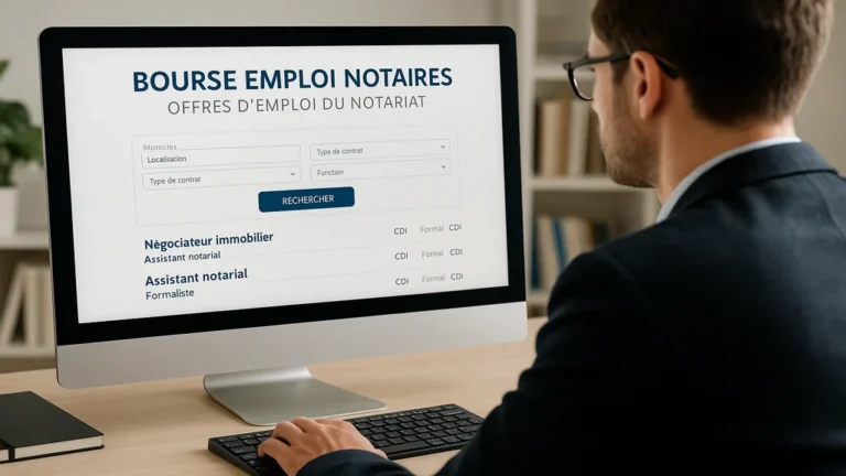 Bourse emploi notaires : comprendre et utiliser la bourse d'emplois du notariat 10 Personne consultant des offres d’emploi du notariat sur un ordinateur dans un environnement professionnel.