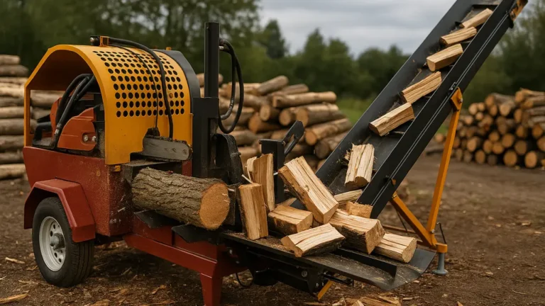 Combiné bois de chauffage professionnel en action, avec scie, coin de fendage et tapis convoyeur évacuant les bûches fraîchement coupées sur un chantier forestier.