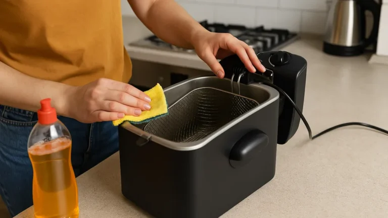 Personne nettoyant une friteuse électrique avec une éponge dans une cuisine moderne, étape de nettoyage pour enlever la graisse et les résidus