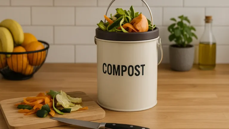 Composteur de cuisine posé sur un plan de travail, rempli d’épluchures de légumes, dans une cuisine moderne et lumineuse