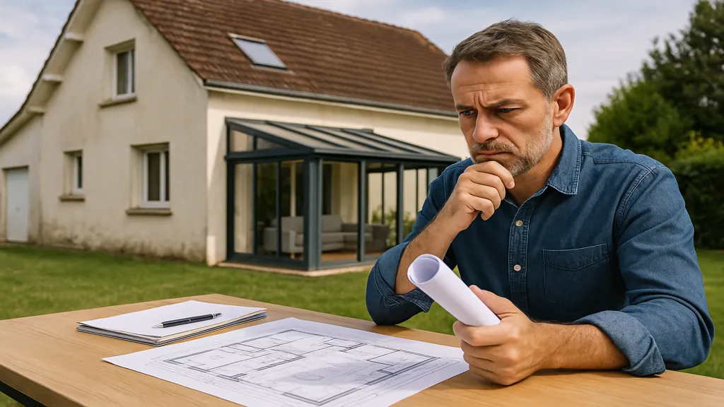 Propriétaire pensif examinant des plans devant une maison avec véranda construite sans autorisation, illustrant une construction illégale de plus de 10 ans à régulariser