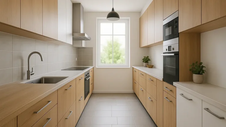 Cuisine en longueur : comment l'aménager et l'optimiser 1 Cuisine en longueur moderne et lumineuse avec rangements optimisés des deux côtés, donnant une impression d’espace