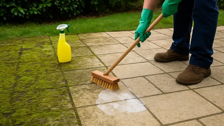 démoussage d’une terrasse en pierre naturelle avec brosse manuelle et pulvérisateur anti-mousse, méthode douce sans haute pression