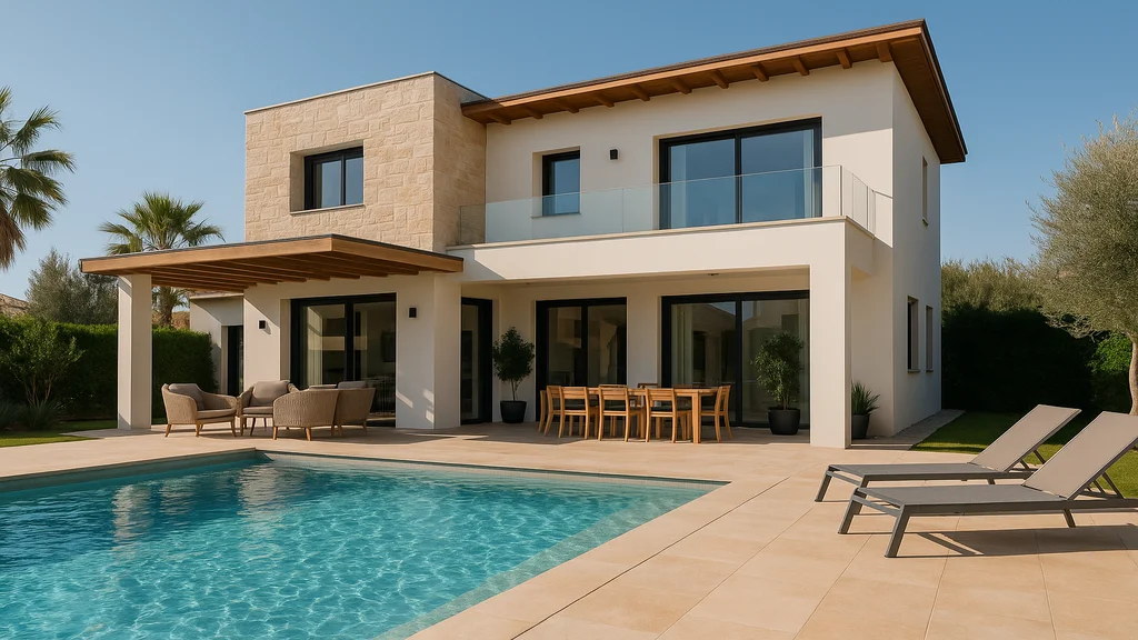 Différence entre location saisonnière et meublé de tourisme 2 Villa contemporaine avec terrasse et piscine, illustrant un logement destiné à la location saisonnière ou au meublé de tourisme.