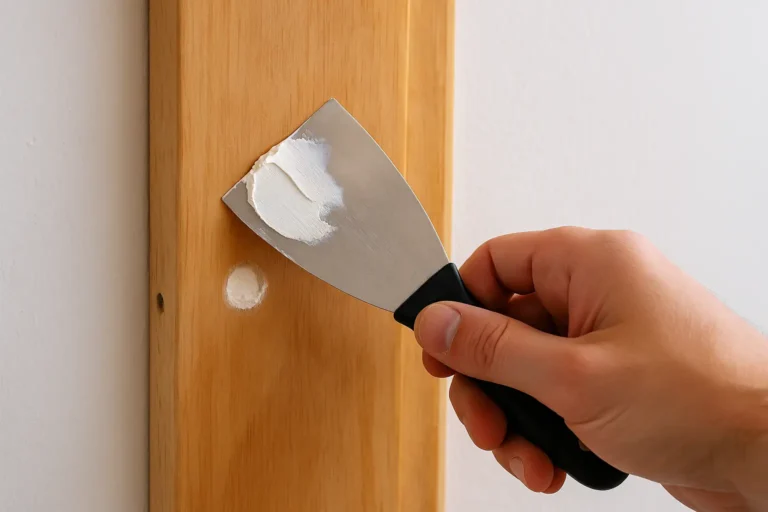 Application d’enduit sur bois avec spatule, rebouchage d’un trou sur une surface en bois clair