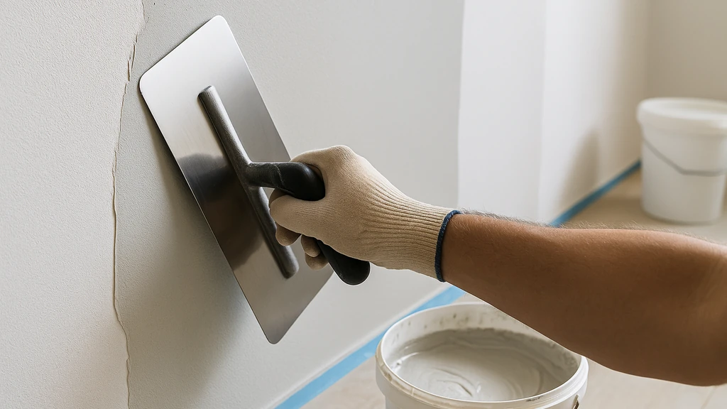 application d’un enduit de finition en couche mince au platoir inox sur mur intérieur, surface lisse prête à peindre, travail propre et précis