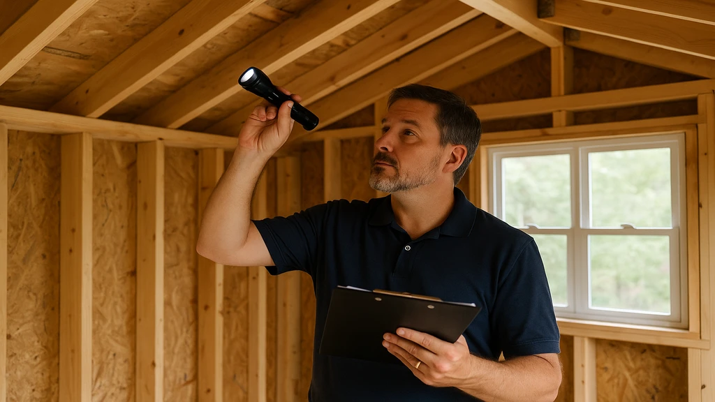Acheter une maison construite par un particulier : risques, garanties et conseils 2 Expert évaluant la structure d’une maison construite par un particulier, inspection du bois et contrôle technique pour vérifier la qualité de construction.