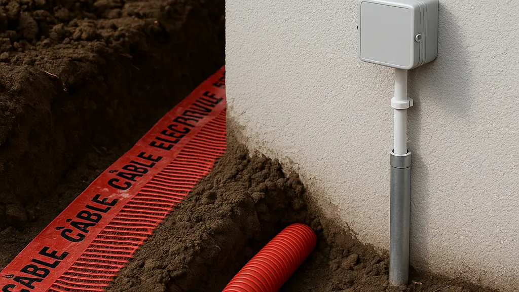 Pose extérieure conforme NF C 15-100 : fourreau TPC rouge enterré avec grillage avertisseur, remontée protégée jusqu’à boîtier IP55 en façade