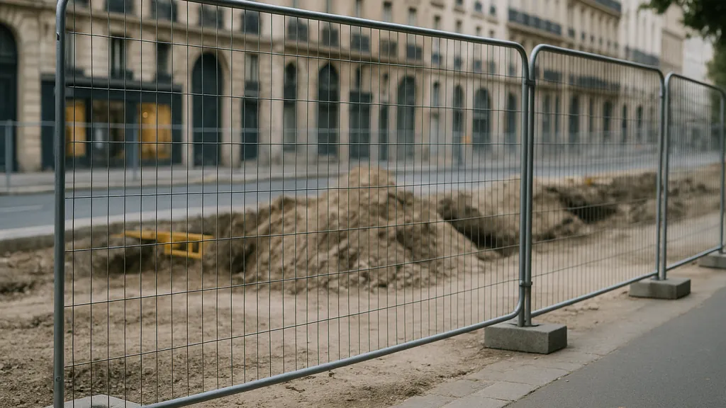 Grille de chantier : prix, usages, normes et choix 1 Grille de chantier grillagée installée le long d’une zone de travaux en ville, avec panneaux métalliques fixés sur plots en béton pour sécuriser le périmètre