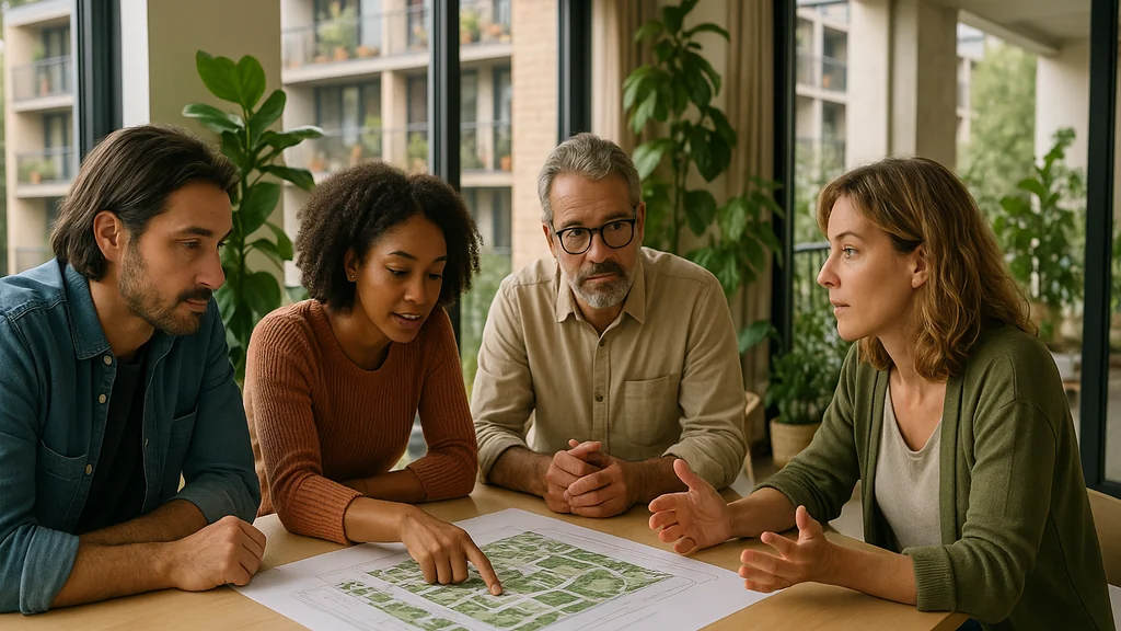 Groupe d’habitants discutant autour d’un plan d’écoquartier dans un espace commun lumineux, illustrant un projet d’habitat participatif