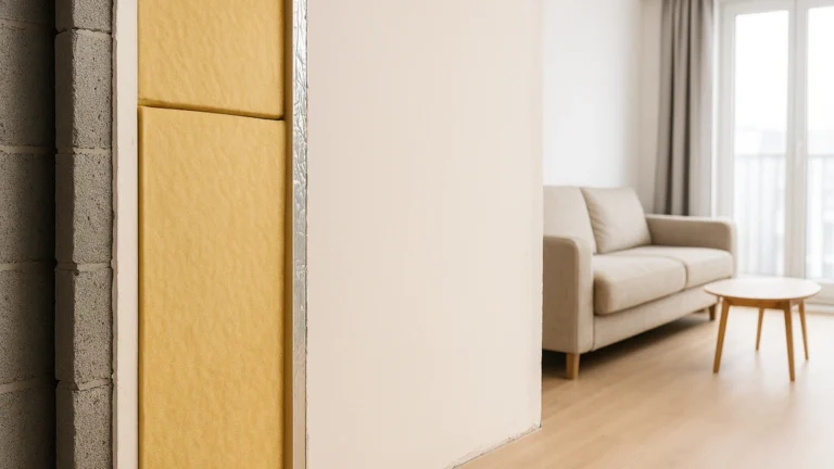 Pose d’une isolation intérieure mince sur un mur de pièce de vie, avec panneaux isolants fins permettant d’améliorer le confort thermique sans perdre de place à l’intérieur du logement.