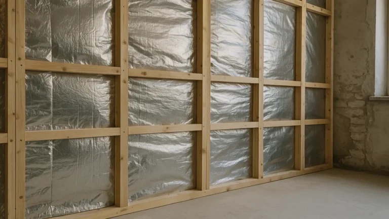 Mur en rénovation avec isolant mince multicouche réfléchissant (PMR) posé entre tasseaux, lames d’air latérales visibles