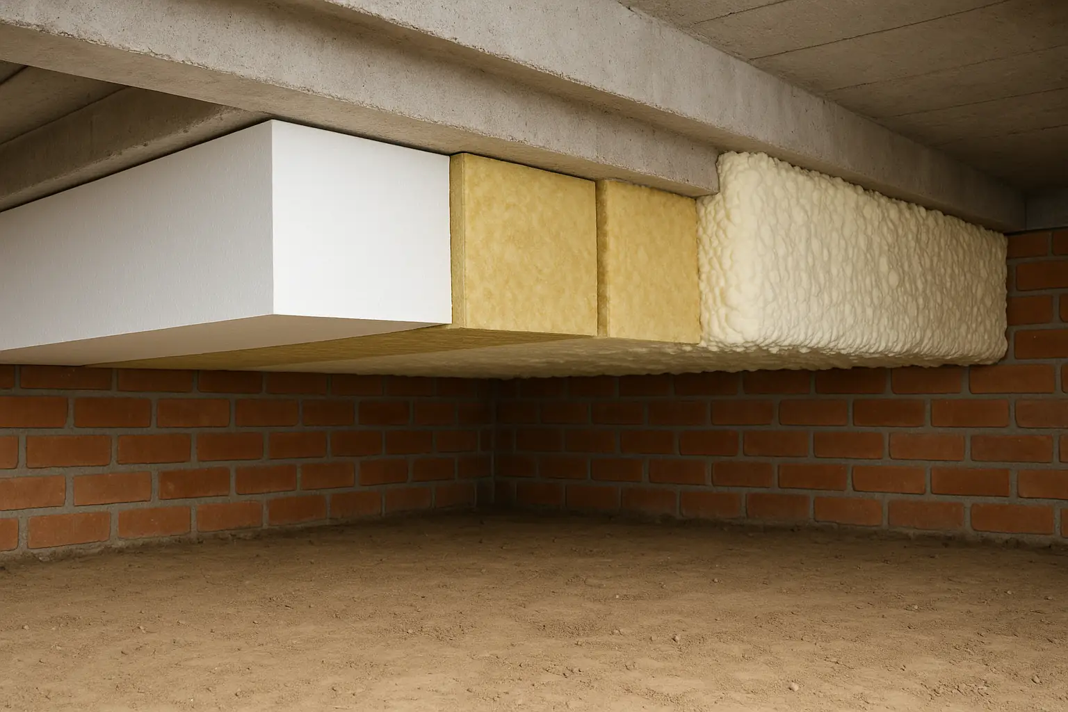 Vide sanitaire réaliste sous dalle béton avec isolation sous-face : panneaux PSE, laine minérale et mousse PUR projetée, montrant la continuité thermique et la ventilation