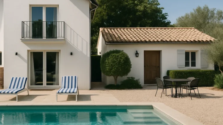 Différence entre location saisonnière et meublé de tourisme 9 Maison moderne avec piscine utilisée comme hébergement touristique, illustrant la location saisonnière et les meublés de tourisme.