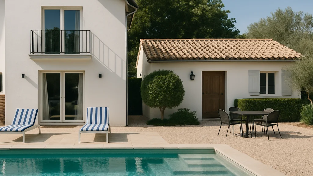 Différence entre location saisonnière et meublé de tourisme 1 Maison moderne avec piscine utilisée comme hébergement touristique, illustrant la location saisonnière et les meublés de tourisme.
