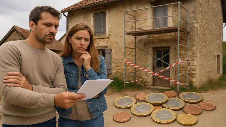 Maison à donner gratuitement : mythe, réalités et vrais bons plans 11 Couple inquiet devant une maison ancienne à rénover, symbolisant les coûts cachés d’une maison à donner gratuitement