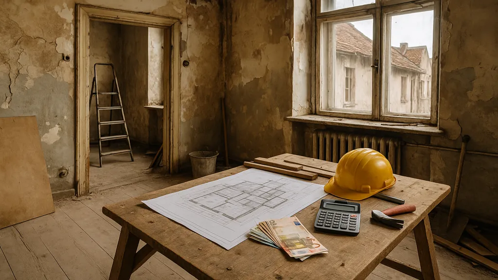 Intérieur d’une vieille maison en cours de rénovation avec plans, casque de chantier, calculatrice et billets montrant le coût réel d’une maison à donner gratuitement 