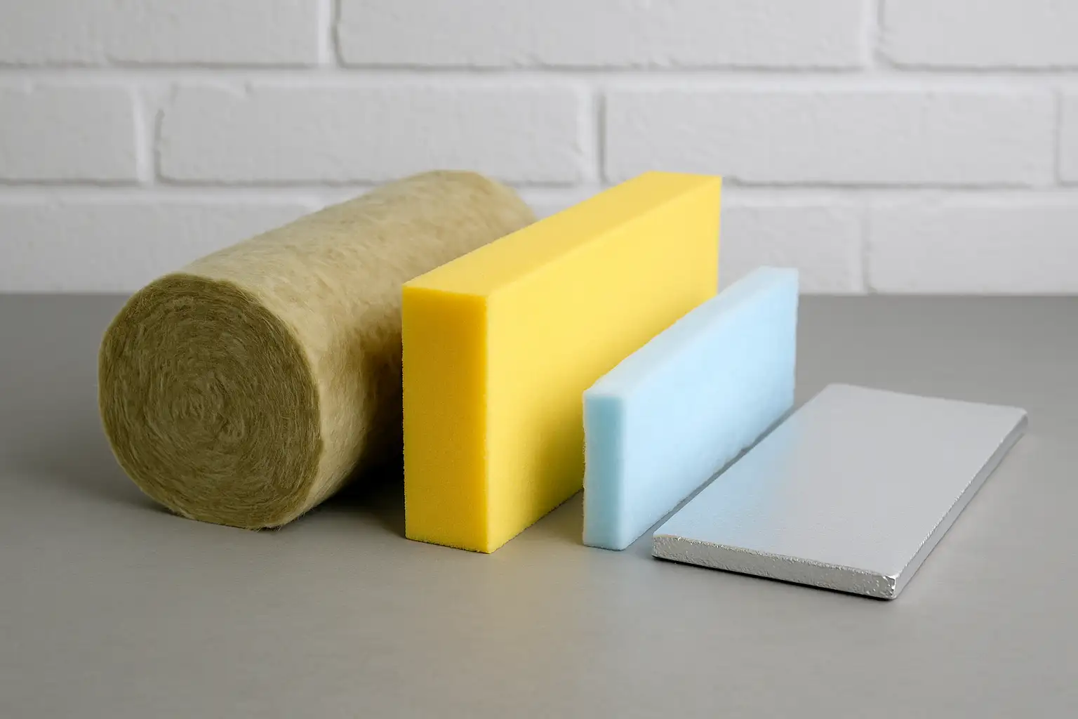 Meilleur isolant thermique faible épaisseur : quel matériau choisir ? 1 Différents isolants thermiques en faible épaisseur, dont laine minérale, mousse rigide, aérogel et panneau sous vide, posés en vue horizontale