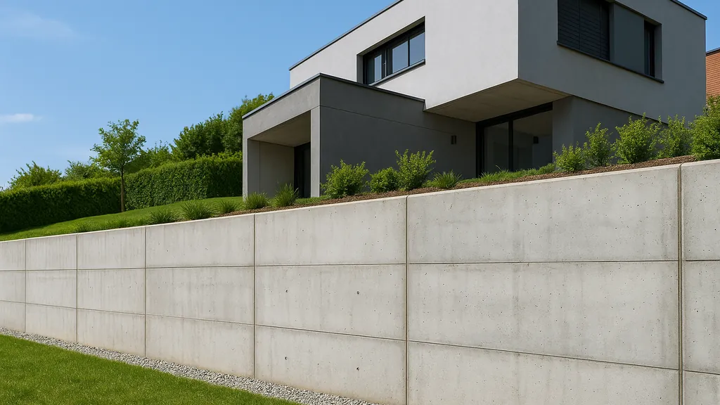 Mur en béton lisse servant de mur de soutènement devant une maison contemporaine, illustrant les usages possibles d’un mur en béton en aménagement extérieur