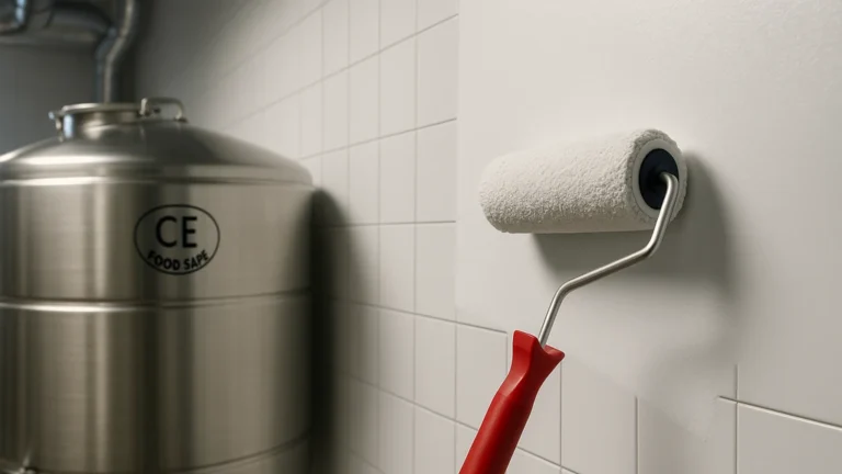 application d’une peinture alimentaire sur carrelage mural en milieu agroalimentaire, rouleau mousse devant cuve inox, hygiène et conformité contact alimentaire