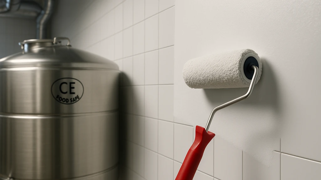 Peinture alimentaire : quelles solutions sûres pour le contact avec les aliments ? 1 application d’une peinture alimentaire sur carrelage mural en milieu agroalimentaire, rouleau mousse devant cuve inox, hygiène et conformité contact alimentaire