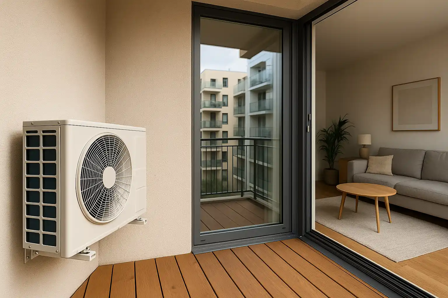 Pompe à chaleur installée sur le balcon d’un appartement moderne, reliée à un salon lumineux