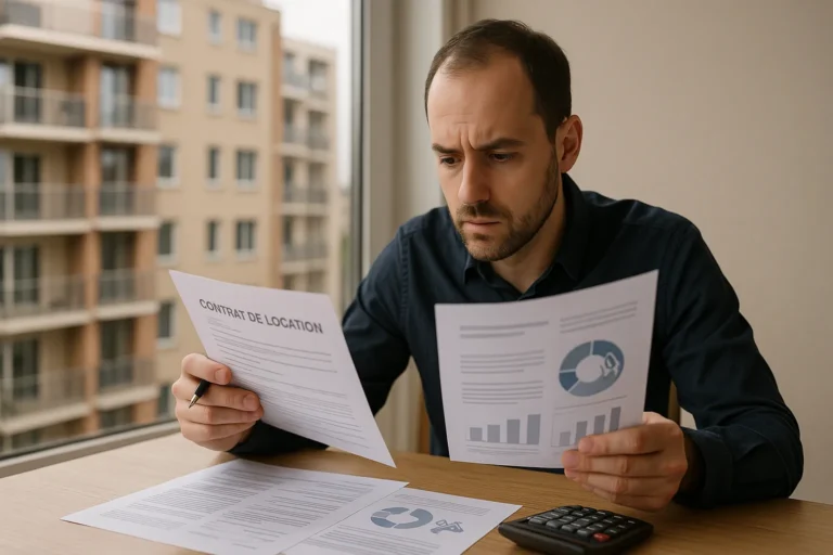 Prélèvements sociaux sur revenus fonciers : taux, calcul et exemples 8 Propriétaire bailleur calculant les prélèvements sociaux sur ses revenus fonciers de location nue avec documents fiscaux et calculatrice