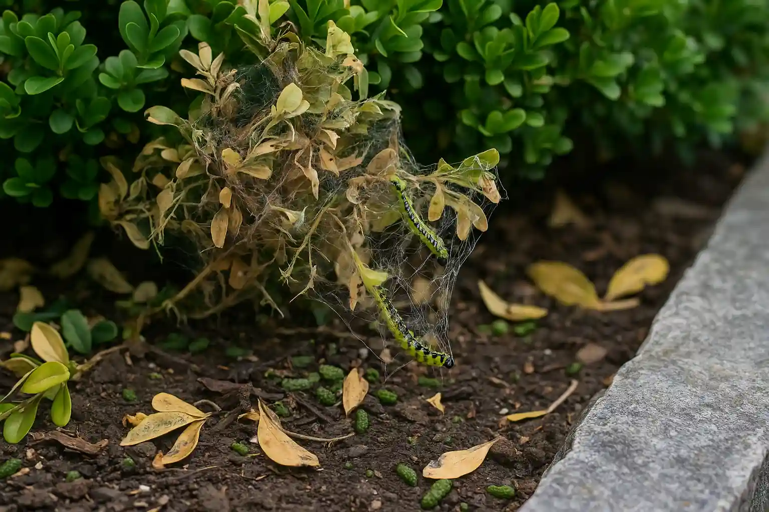 Pyrale du buis traitement : comment protéger efficacement vos arbustes 1 Chenilles de pyrale du buis sur feuillage infesté avec toiles et défoliation