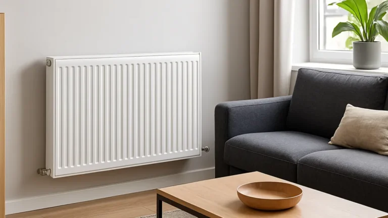 Radiateur de chauffage central blanc installé dans un salon moderne, diffusant une chaleur douce le long d’un mur clair