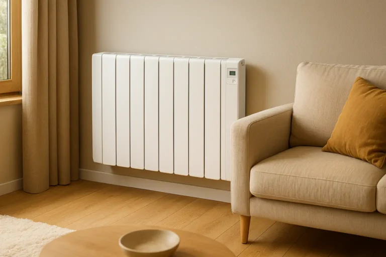 Radiateur fluide caloporteur moderne dans un salon lumineux, diffusion de chaleur douce et homogène