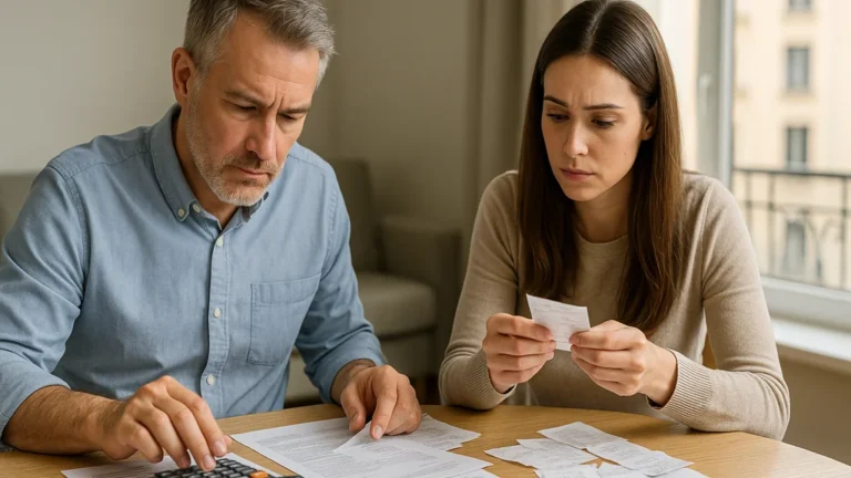 Régularisation des charges locatives : règles, délais et recours 9 Couple de locataires examinant un décompte de régularisation des charges locatives avec factures et calculatrice sur une table