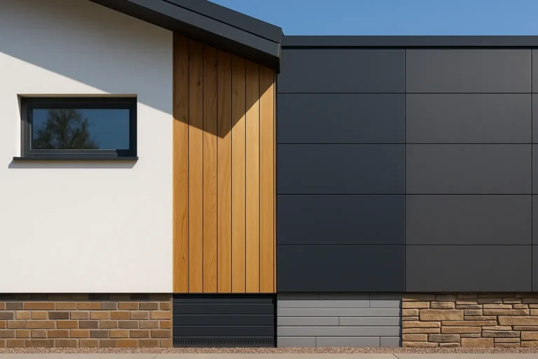 Façade moderne illustrant les principaux revêtements muraux extérieurs : enduit blanc, bardage bois vertical, panneaux fibre-ciment gris foncé et parement pierre en soubassement