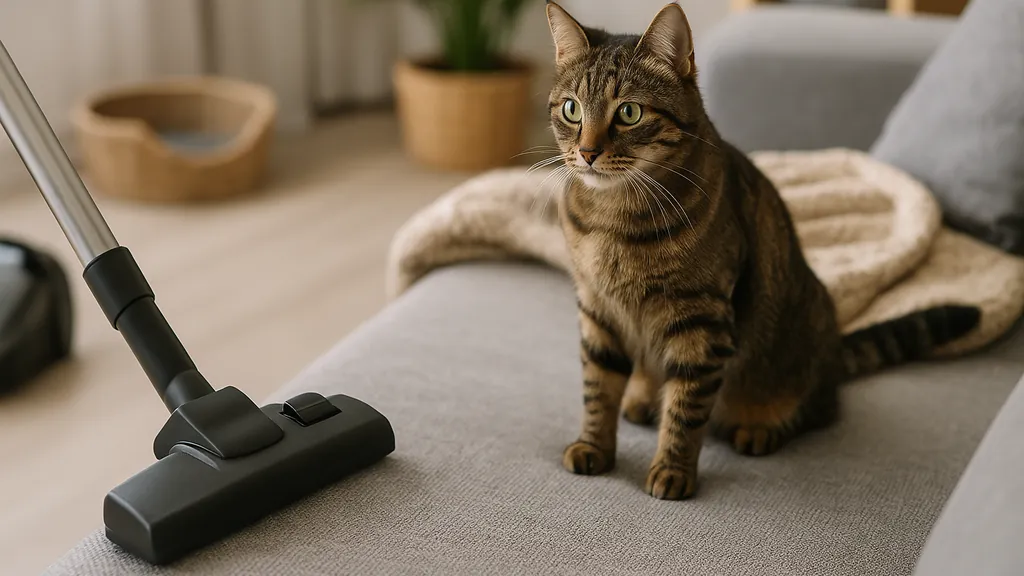 Traitement puces chat maison : méthodes efficaces et sûres 1 Chat tigré assis sur un canapé pendant qu’un aspirateur nettoie le tissu, illustrant le traitement des puces de chat dans la maison avec nettoyage de l’environnement