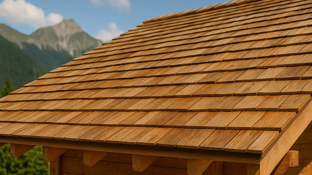 toiture en tuiles de bois type bardeaux/tavaillons sur chalet en montagne, détail des recouvrements réguliers et grain du bois, matériau écologique et traditionnel