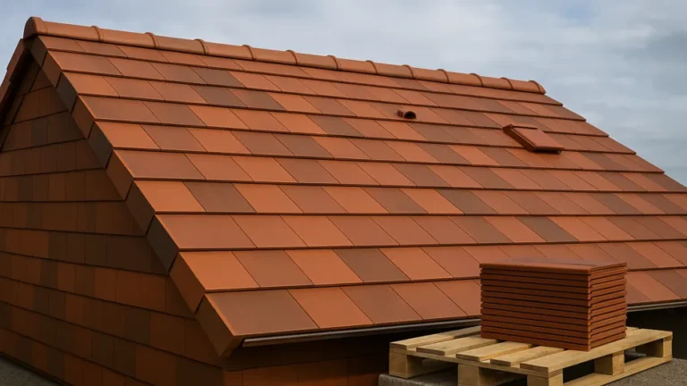 Toiture en tuiles Néoplate 3-en-1, rendu plat contemporain en terre cuite (teintes Chevreuse/rouge nuancé), avec accessoires de ventilation et faîtage