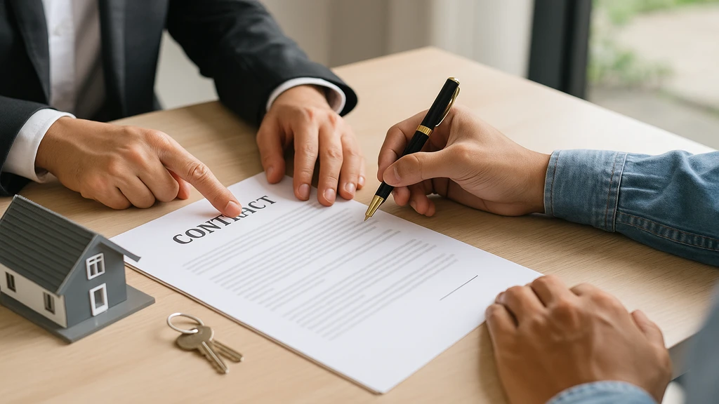 Astuce pour vendre avec un PTZ : comment revendre sans mauvaise surprise 2 Signature d’un contrat immobilier avec maquette de maison et clés, illustrant les démarches liées à la vente d’un bien financé par un prêt à taux zéro.