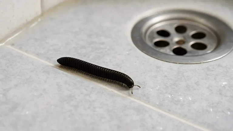Petit vers noir d’humidité rampant sur un carrelage de salle de bain près d’une bonde de douche, signe d’un excès d’humidité dans la maison